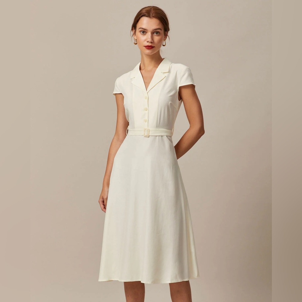 Rihoas Beige Lapel Cap Sleeve Shirt Midi Dress, NWT, XS